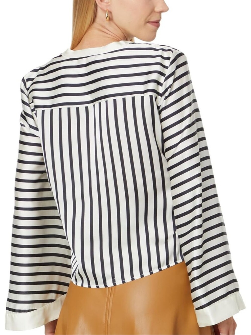 Black and White Vertical Stripe Tie-Front Blouse Split Bell Sleeve Chic Flowy M - Picture 10 of 10